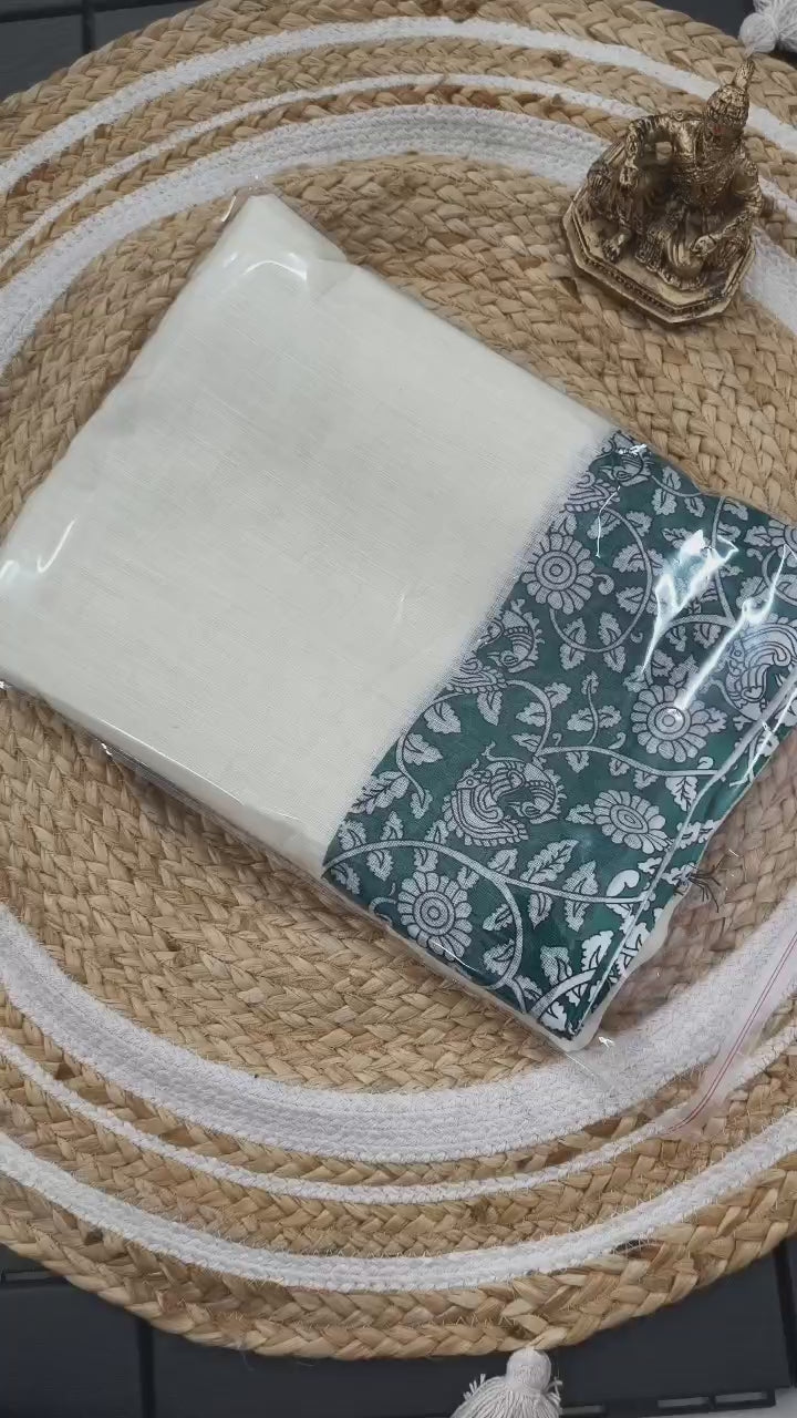 Off White Cotton Saree with Teal Ajrakh Print Border & Blouse